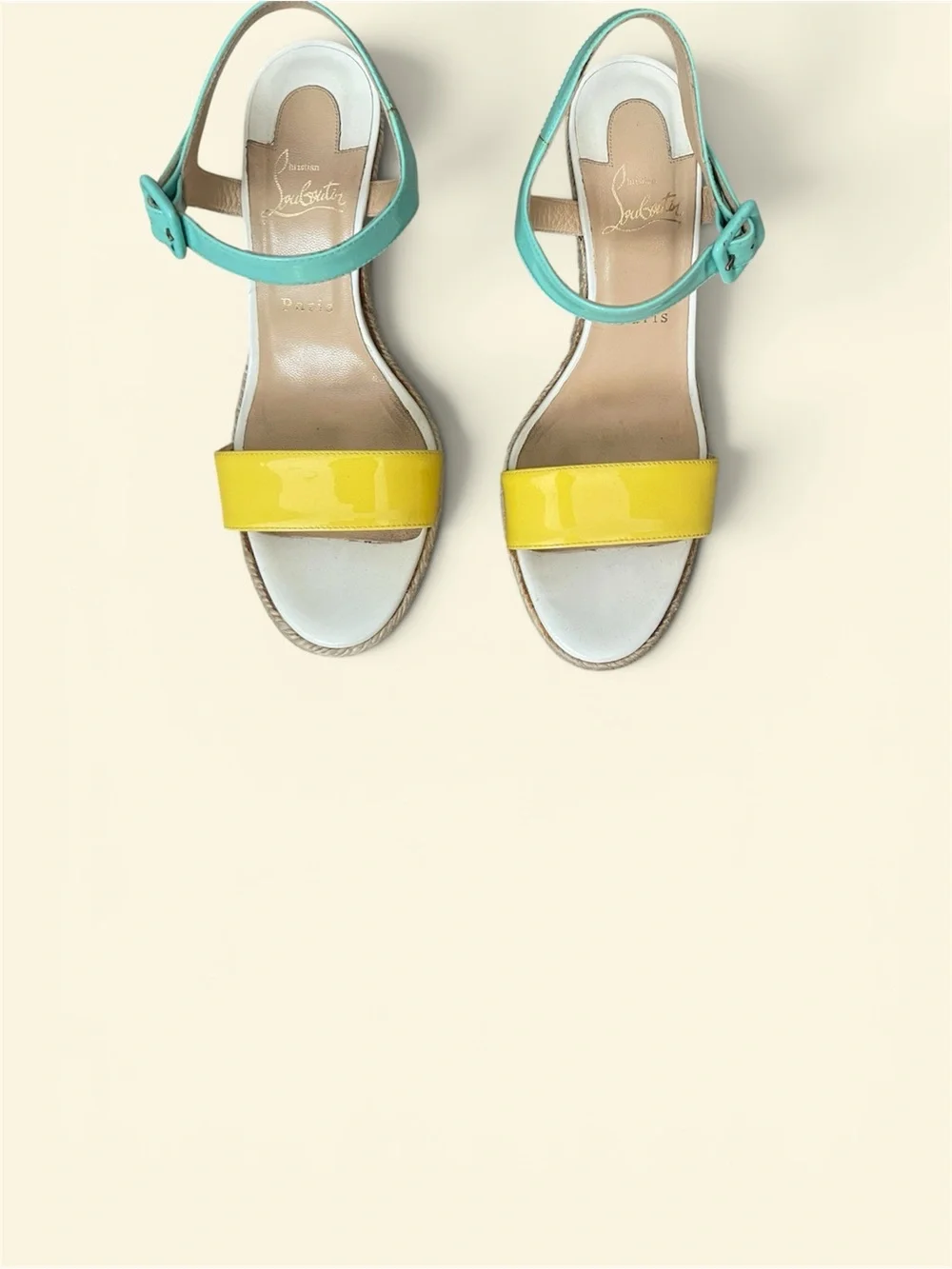 Christian Louboutin Turquoise Yellow Patent Espadrille Wedge Sandals 38 $325